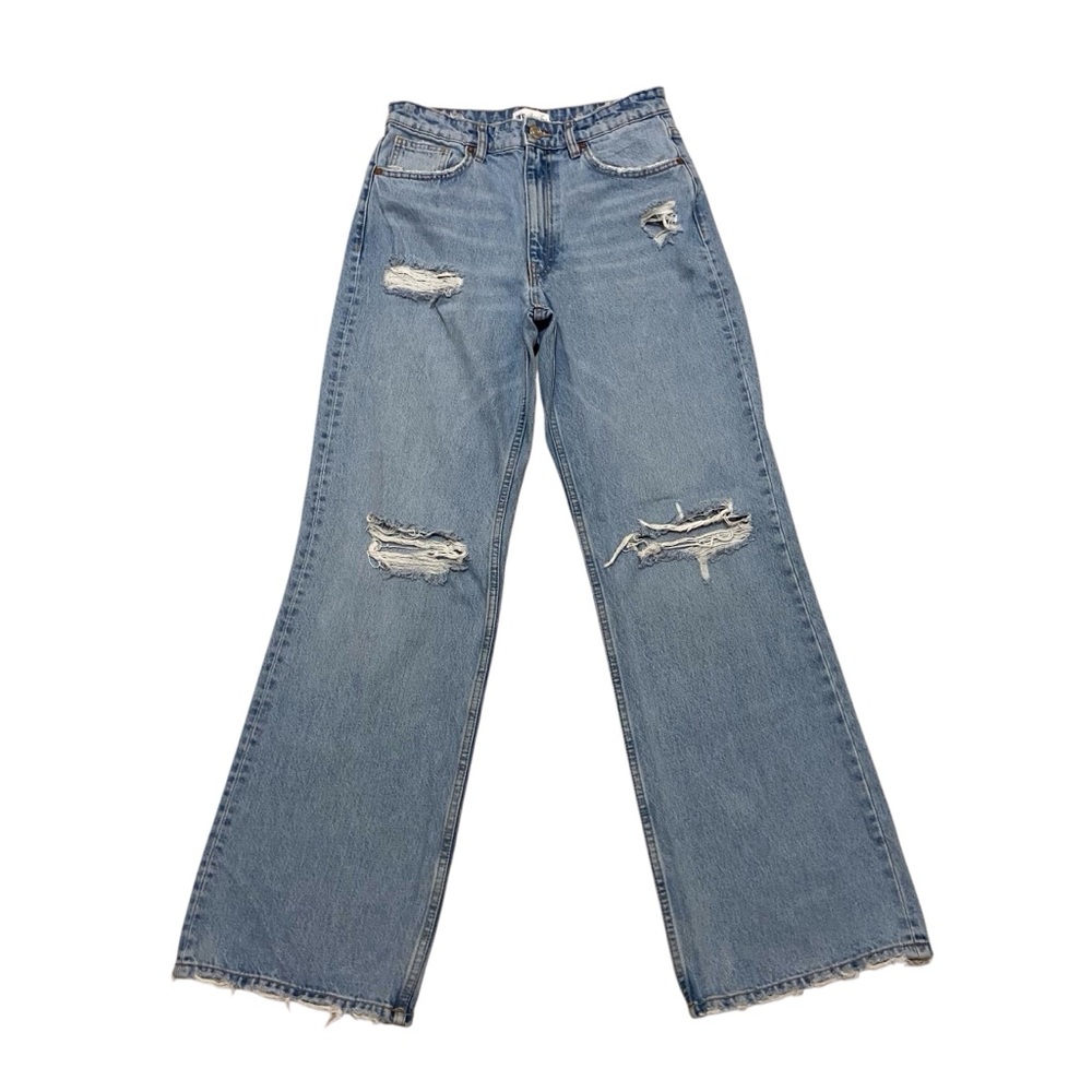 Zara High Waisted Flare Wide Leg Distressed Ripped Womens 6 Denim Jeans Festival
